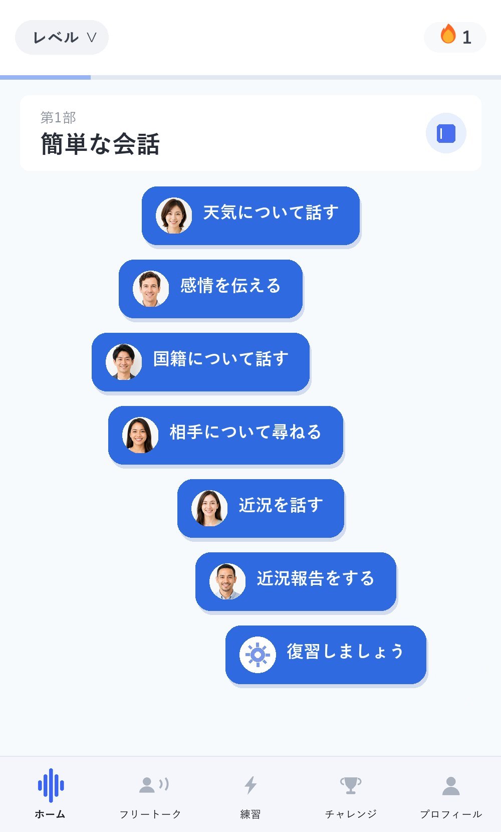 無料体験初日のホーム画面の再現イメージ。第1部「簡単な会話」のレッスンが講師の顔写真つきのボタンで一本道に並び、レッスンが青いボタンで並んでいる