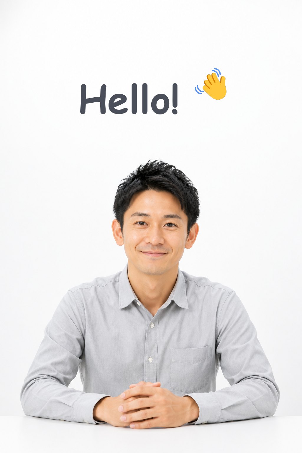 ビデオ・レッスンの再現イメージ。実写の講師が正面に座り、頭上にHello!と手を振る絵文字が表示されている